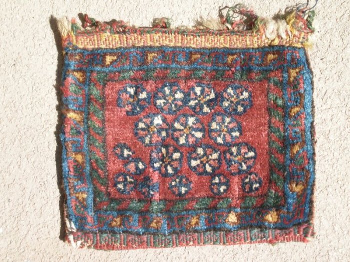antique small pile weave bag with interesting design