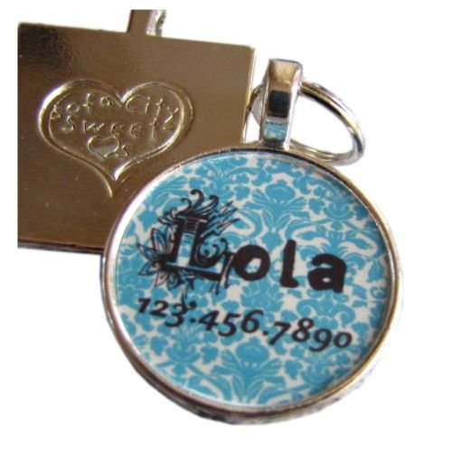 Turquoise Blue Damask Pet ID Tag