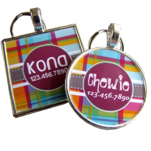 Pink Plaid Graphic Pet ID Tag