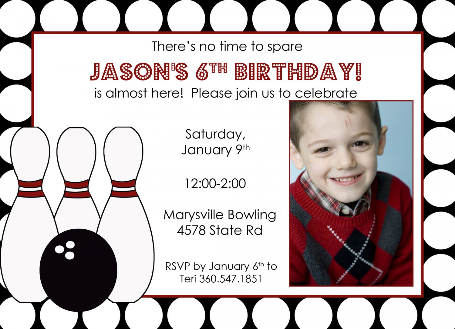 boys bowling invitation with photo- print your own, personalized
