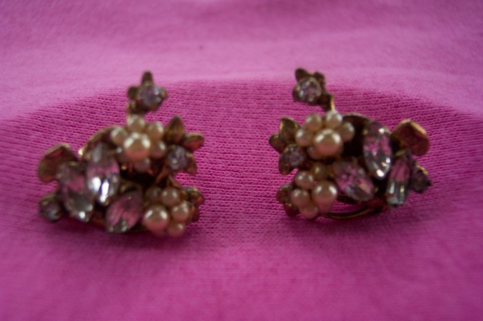 Vintage Rhinestone & Faux Pearl Clip Earrings