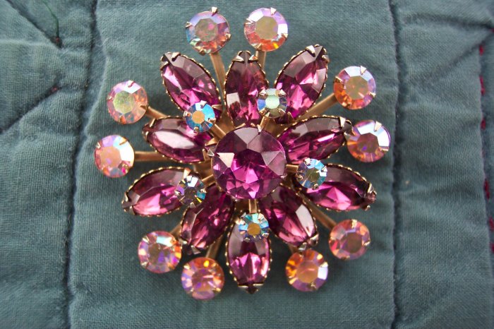 Floral Aurora Borealis & Amethyst Rhinestone Pin