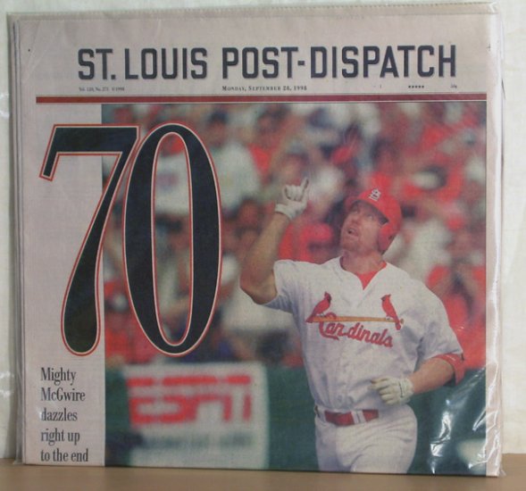 Mark McGwire 70 St. Louis Post-Dispatch Sept. 28, 1998 FREE SHIPPING