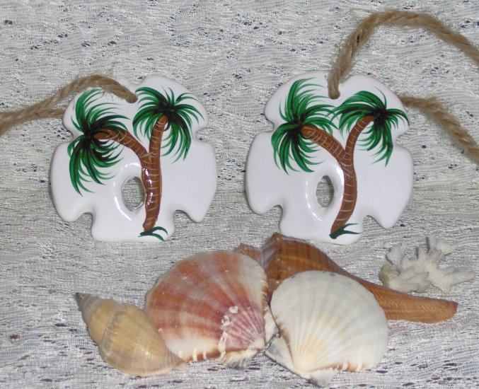 SAND DOLLAR PALM TREE ORNAMENT SET (2) Ceramic NEW