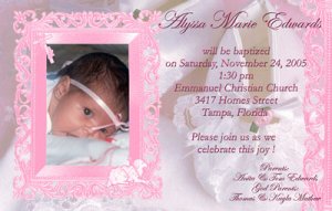 Elegant Frame in Pink Photo Baptism and Christening Invitations 5 x 8