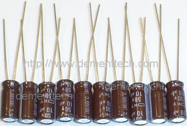 10x 10uF 50v Nippon KY 105C Low-ESR radial capacitors