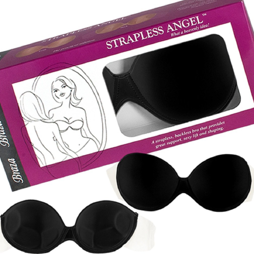Braza Strapless Angel Reusable Strapless Backless Adhesive Push Up Underwire Bra 3500, C, Black