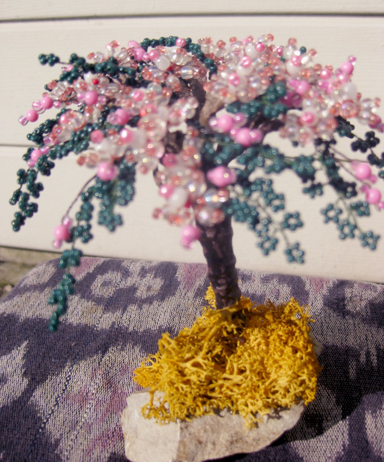 Beaded tree, pink, white & green