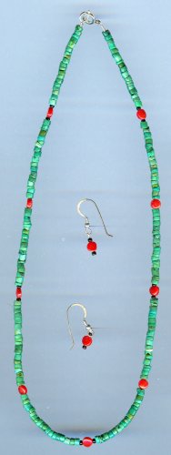 Turquoise and Red Coral Necklace and Earrings
