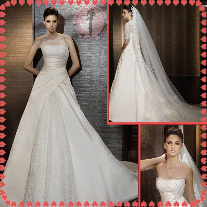 2012 new style off shoulder lace silver satin wedding dress EC401