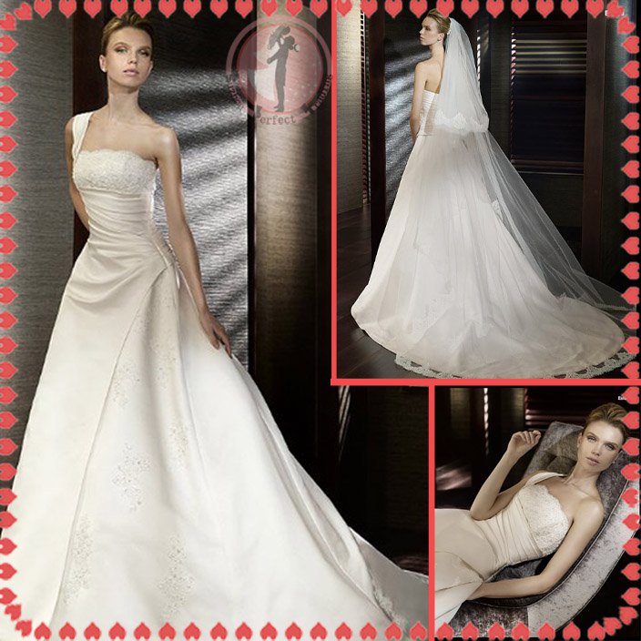 2012 new style one shoulder silver satin wedding dress EC408