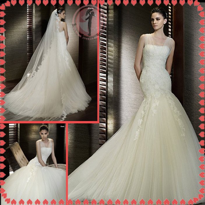 2012 new style off shoulder shoulder silver satin lace wedding dress EC409