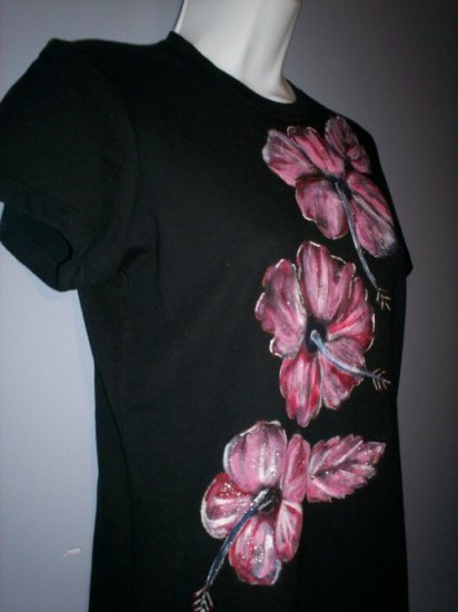 Black/ Pink Hibiscus Hand Painted T- Shirt
