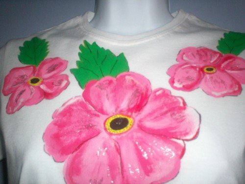White Hibiscus Design Hand Painted T Shirt
