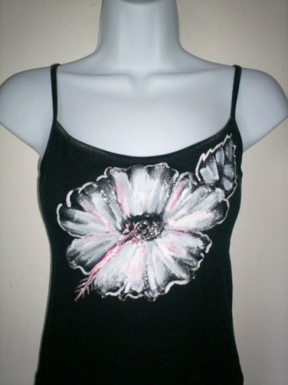 Hand Painted Hibiscus Flower Black Camisole
