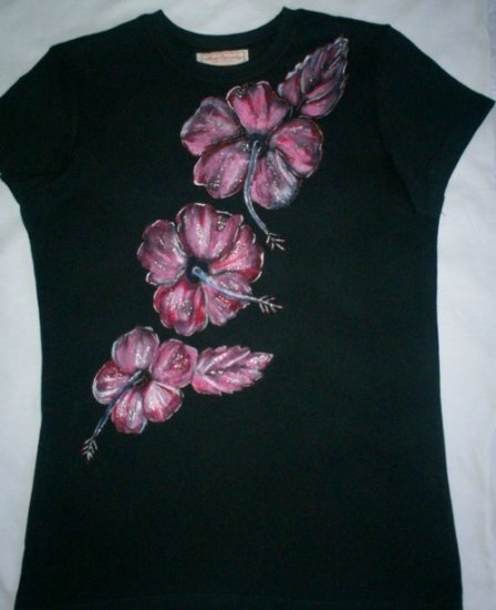 Black T Shirt with Hand painted Hibiscus Flowers