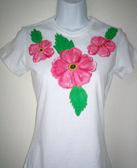 Hand Painted Hibiscus Flowers White TShirt