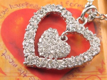 SN065 Crystal Double Heart Silver Pendant Necklace Best Gift Idea