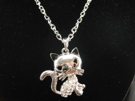 SN343 Crystal Funky Cat Silver Pendant Necklace Best Gift Idea