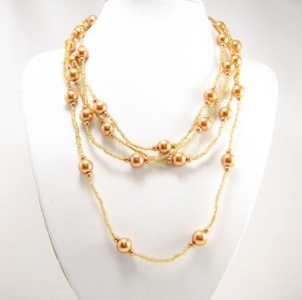 SN087 Elegant 80" Long Orange Brown Simulated Pearl Glass Beads Necklace Best Gift Idea