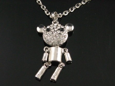 SN093 Elegant 26" Long Crystal Bear Robot Silver Pendant Necklace Best Gift Idea