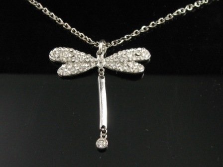 Elegant 26" Long Crystal Dragonfly Silver Pendant Necklace Best Gift Idea