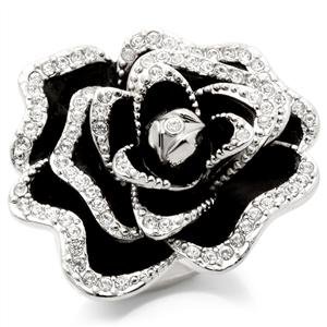 Rhodium Plated Black & Crystal Rose Ring