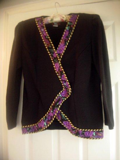 Liz Petites Black with Floral and Golden Trim Sz 10