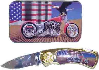 Chopper/Eagle/USA Flag Knife in Metal Tin