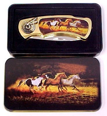 Horses Knife in Metal Tin
