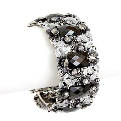 Black and White Crystal and Flower Crystal Bangle Bracelet