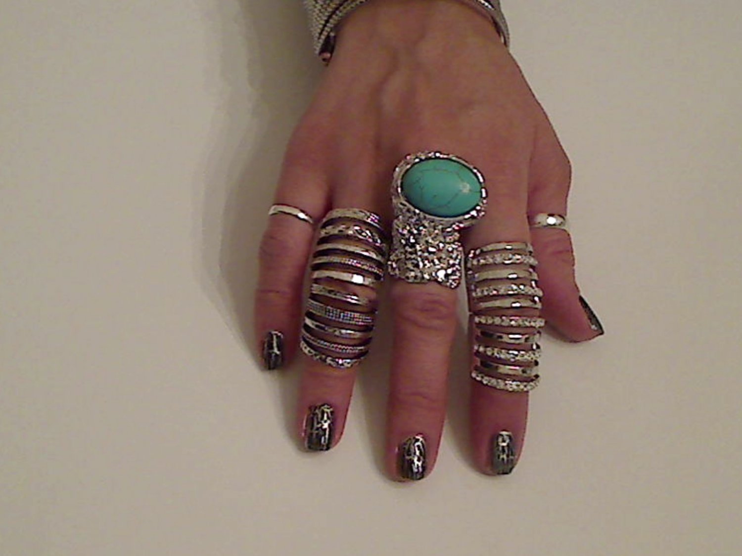 TURQUOISE ARTY CHUNKY MOON KNUCKLE RING IN SILVER SIZES *6*7*8*9
