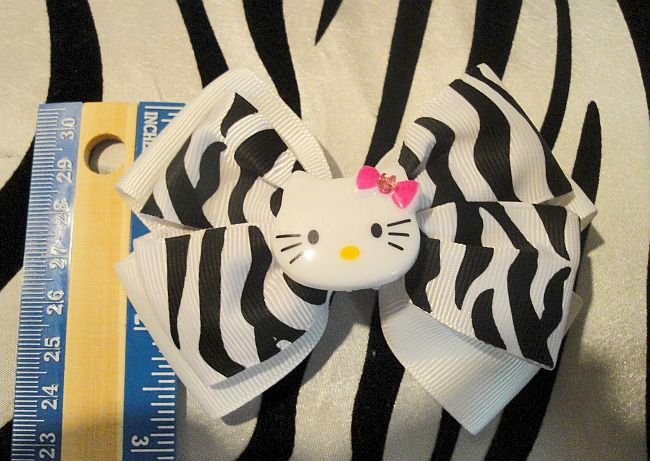 White And Black Zebra Print Hello Kitty Bow (Handmade)