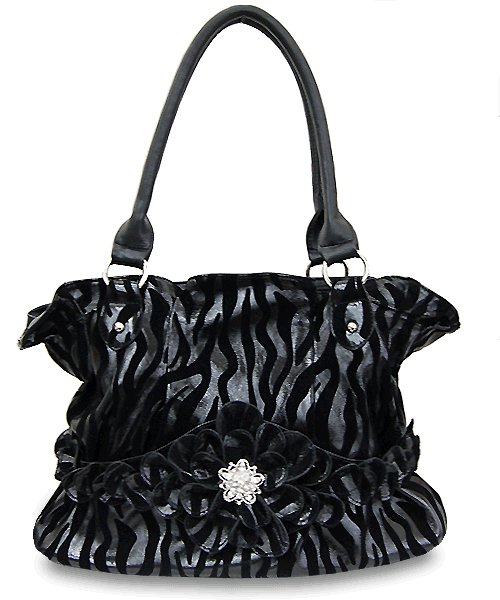 Black On Black Zebra Print Handbag With Flower