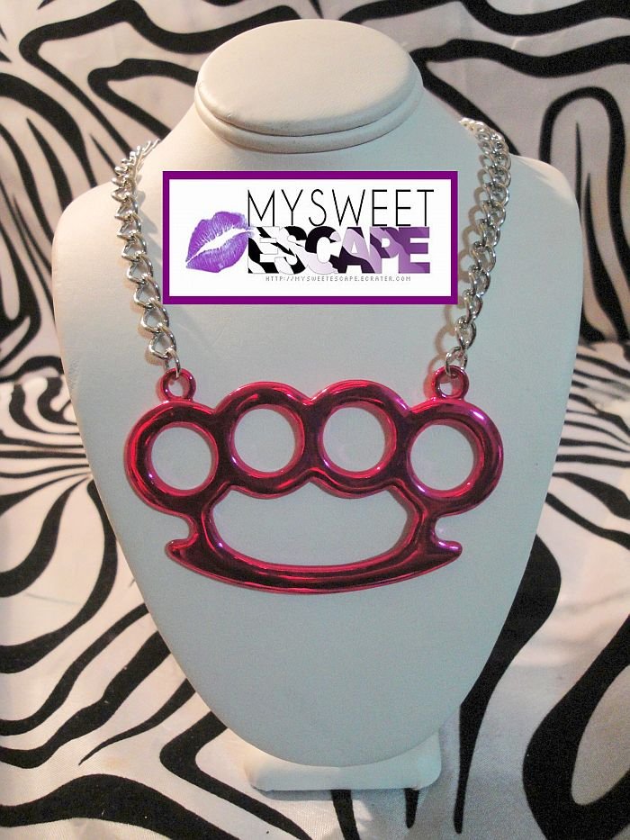 Big Pink Horizontal Brass Knuckle Necklace