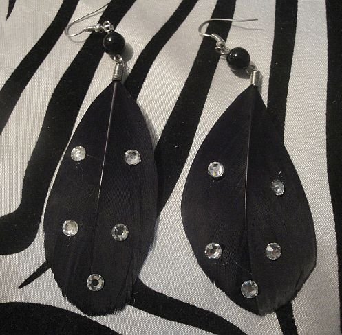 Black Feather Earrings With Rhinestones