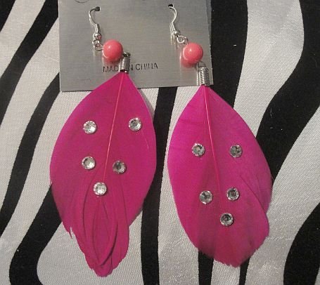 Fuchia Feather Earrings With Rhinestones