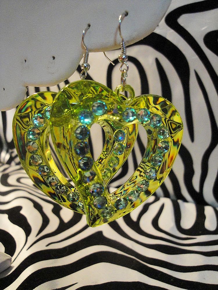 Green Heart Cuttout Rhinestone Earrings