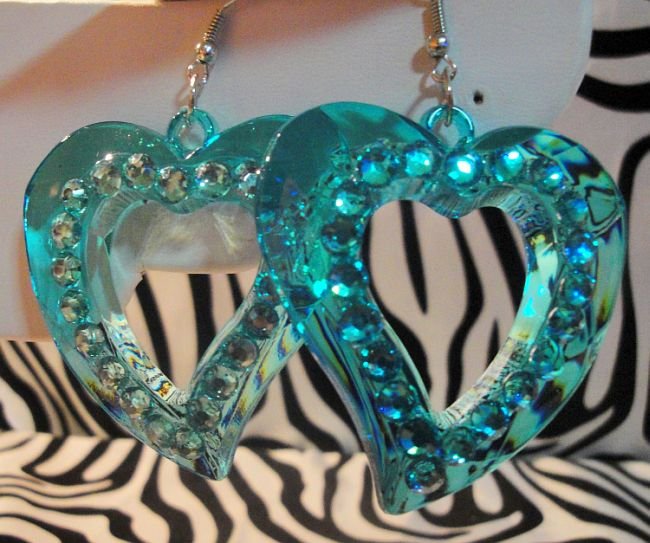 Blue Heart Cuttout With Rhinestones Earrings