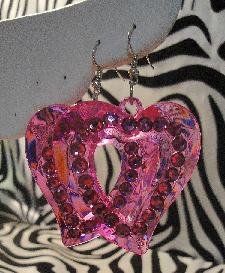 Pink Heart Cutout With Rhinestone Earrings