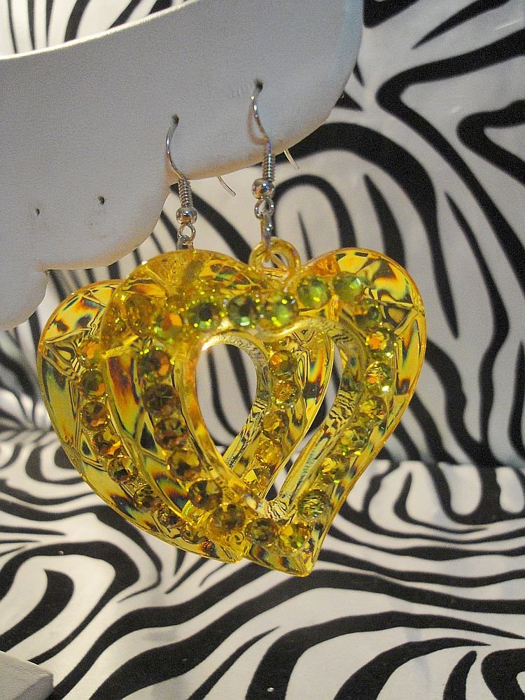 Yellow Heart Cutout With Rhinestone Earrings