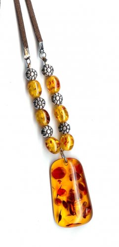 Fashion jewelry - Faux amber necklace with leather cord - NEW - - free sh/h