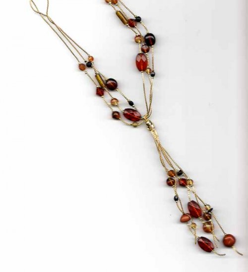 Brown beads on gold chains with front drops Necklace - Fashion jewelry - NEW - free sh/h