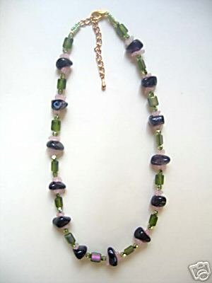 SOLD inv - Designer jewelry: Amethyst, rose quartz and green necklace by Lucine NEW