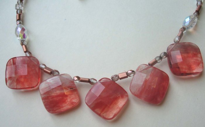 Faceted large cherry quartz with bronze glass Necklace by Lucine - free sh/h