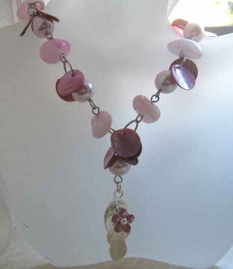 Thong necklace: Pink MOP shells, pearls and rose quartz - free sh/h