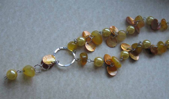 Carnelian, yellow pearls and yellow MOP necklace with circular drop - free sh/h