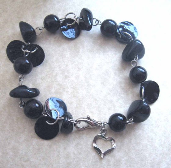 Black mother of pearl linked bracelet with silver heart charm - free sh/h