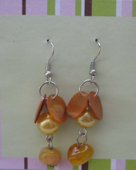 Carnelian and shells with pastel orange pearls drop earrings - free s/h