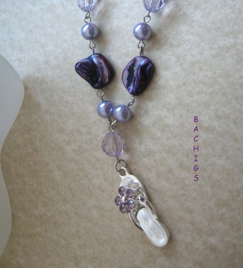 Purple mother of pearl linked necklace with thong pendant - FREE sh/h
